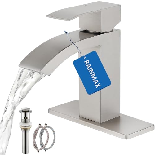 Black Tall Waterfall Bathroom Faucet, Single Hanlde Vessel Sink Faucet, Bathroom Faucets for 1 Hole, RV Lavatory Vanity Mixer Bar Tap with Pop Up Drain and Hoses KMBF022B