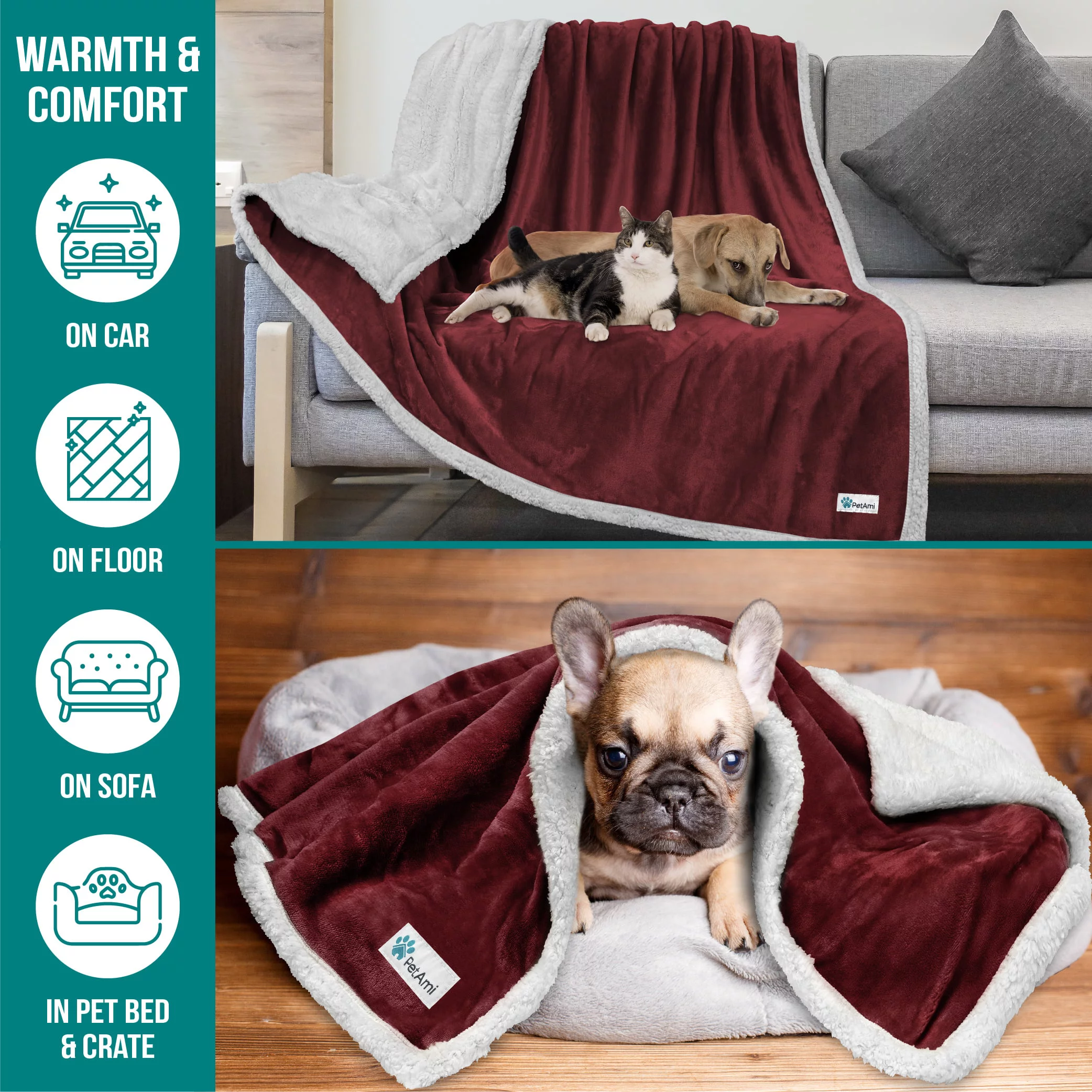 PetAmi WATERPROOF Dog Blanket For Medium Large Dog, Pet Puppy Blanket Couch Cover Protection, Sherpa Fleece Cat Blanket, Sofa Bed Furniture Protector Reversible Soft Plush Washable, 60x40 Wine Red