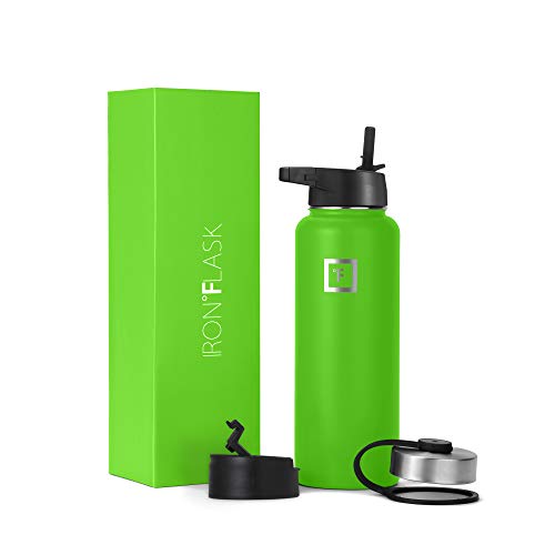 IRON °FLASK Camping & Hiking Hydration Flask with 3 Lids - Stainless Steel, Double Walled & Vacuum Insulated Water Bottle - Leak Proof & BPA Free (Midnight Black, Straw - 40 oz)