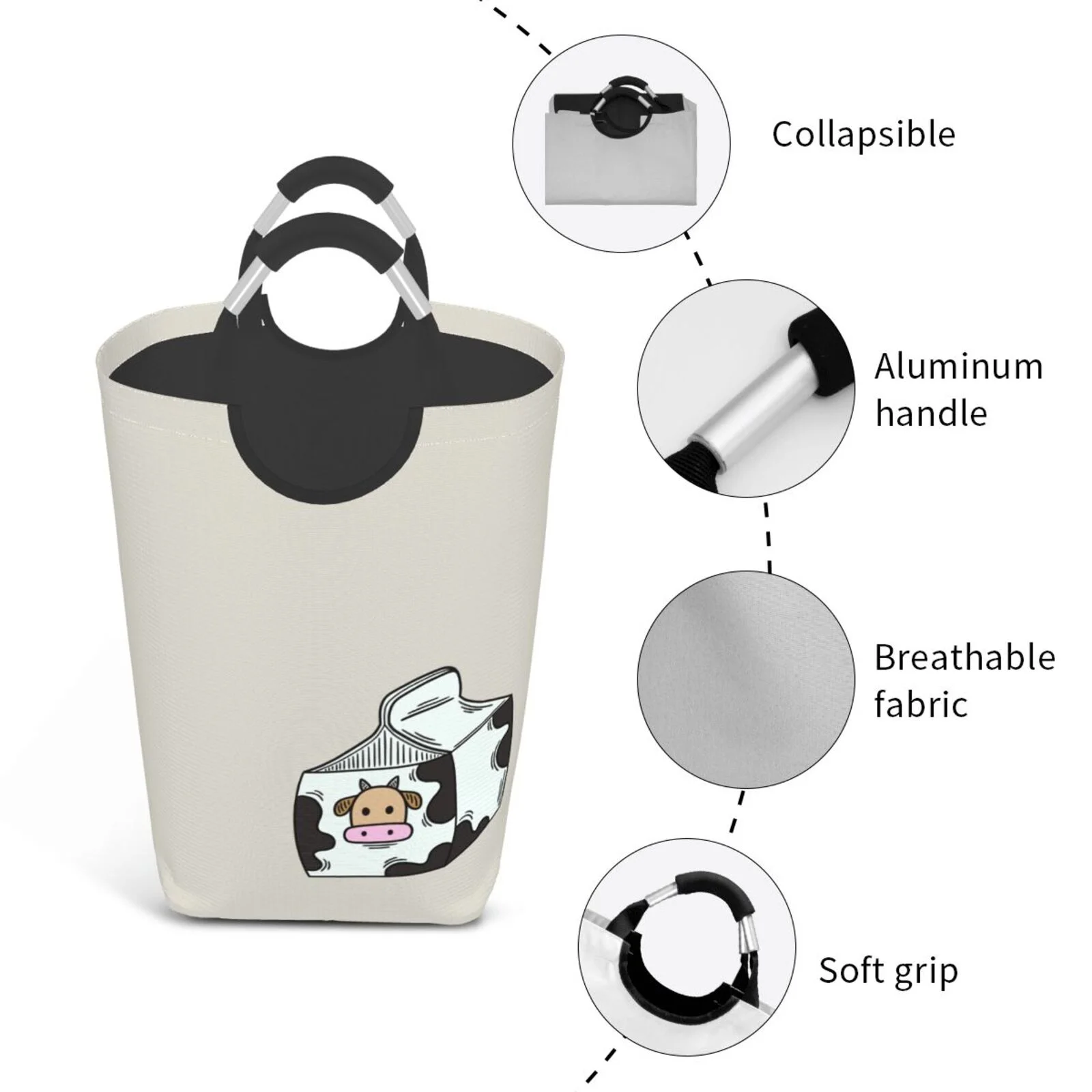 XMXT Collapsible Laundry Basket Hamper, Cartoon Milk Drinking Large Laundry Bag Clothes Hamper with Aluminum Handle, 50L