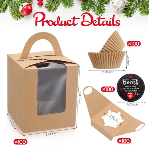 100 Set Christmas Hot Cocoa Bomb Packaging Kit Individual Christmas Cupcake Boxes with Window Insert Handle Muffin Pastry Containers Xmas Cupcake Cookie Gift Box