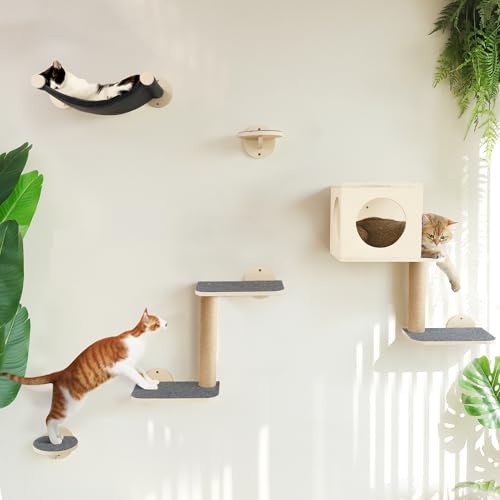 FUKUMARU Cat Wall Shelves, 5-Piece Stable Wooden Wall-Mounted Furniture Set, Kitty Climber with Hammock, House, Steps, Scratching Post (Gray)
