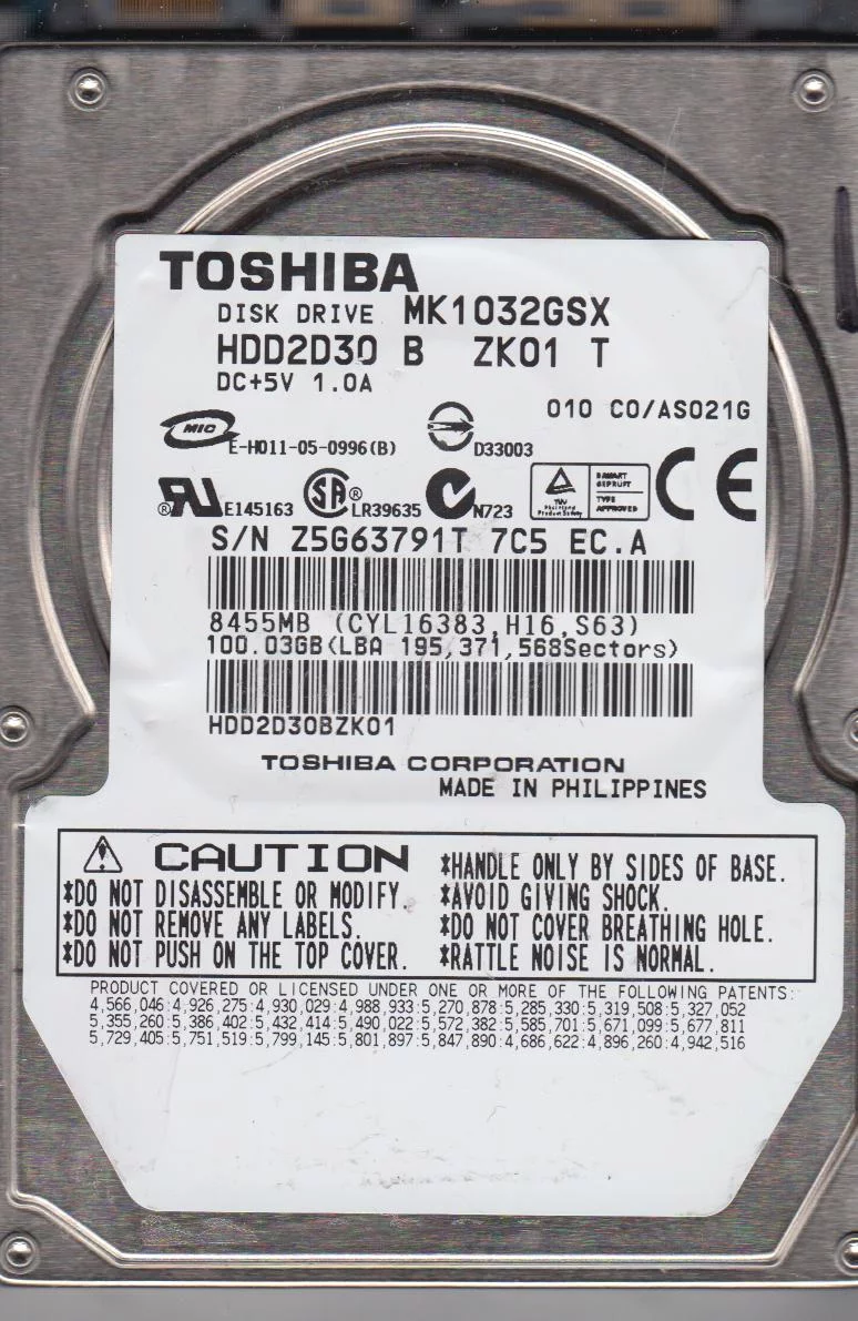 MK1032GSX, C0/AS021G, HDD2D30 B ZK01 T, Toshiba 100GB SATA 2.5 Hard Drive