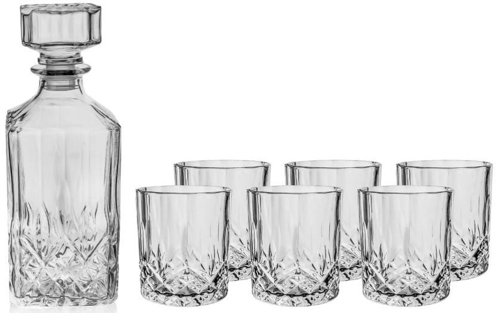 Fifth Avenue Campbel Whiskey Decanter and Glass 7-Piece Set for Liquor, Scotch, Wine, and Bourbon, Beverage Dispenser, 6 Matching Glass Tumblers, Elegant Liquor Carafe with Stopper