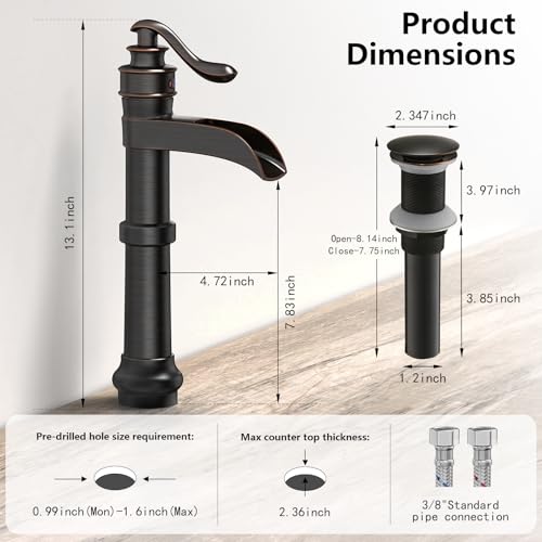 Vessel Sink Faucet, Oil Rubbed Bronze Black Bathroom Faucet, Farmhouse Waterfall Sink Faucet Single Hole with Pop Up Drain Assembly Without Overflow One Hole Mixer Tap Deck Mount