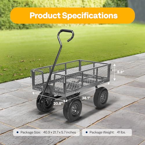 VIVOHOME Heavy Duty 880 Lbs Capacity Mesh Steel Garden Cart Folding Utility Wagon with Removable Sides and 4.10/3.50-4