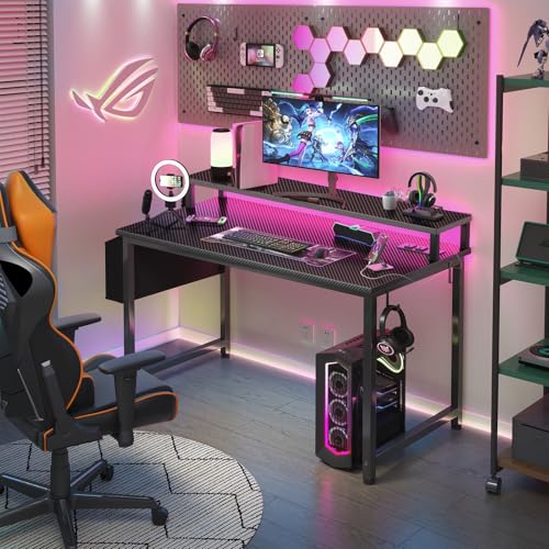 Lufeiya Black Gaming Desk with LED Lights and Power Outlets, 40 Inch Teen Writing Study Table Home Office Desks with Monitor Stand, Computer Desk with Charging Station USB Port, Black