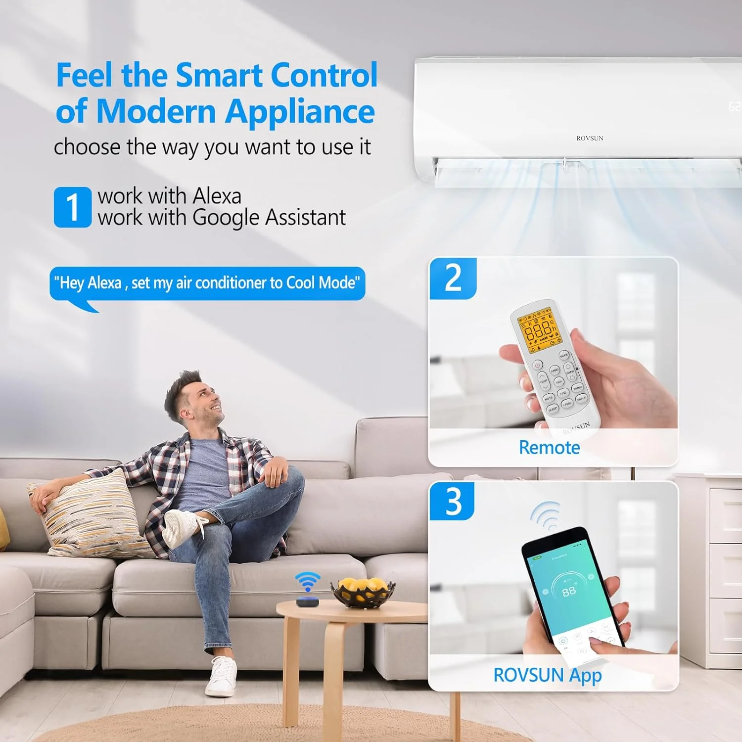 ROVSUN 3 Zone 9000 + 9000 + 9000 BTU WIFI Mini Split AC/Heating System, 19 SEER Tri Zone 27000 BTU Ductless Split Air Conditioner with Pre-Charged Condenser, Heat Pump & 25Ft Line Set, 208-230V