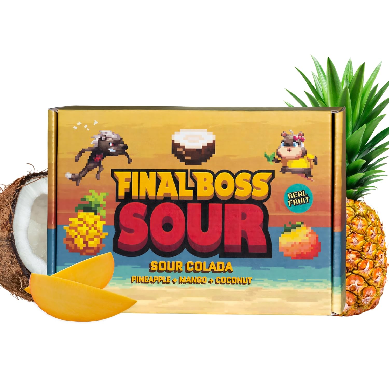 Final Boss Extremely Super Sour Candy, Natural Chewy Dried Pina Colada Gummies Made with Dried Fruit, Low Calorie Healthy Snack for Kids & Adults, 3.50oz, 4 Pack