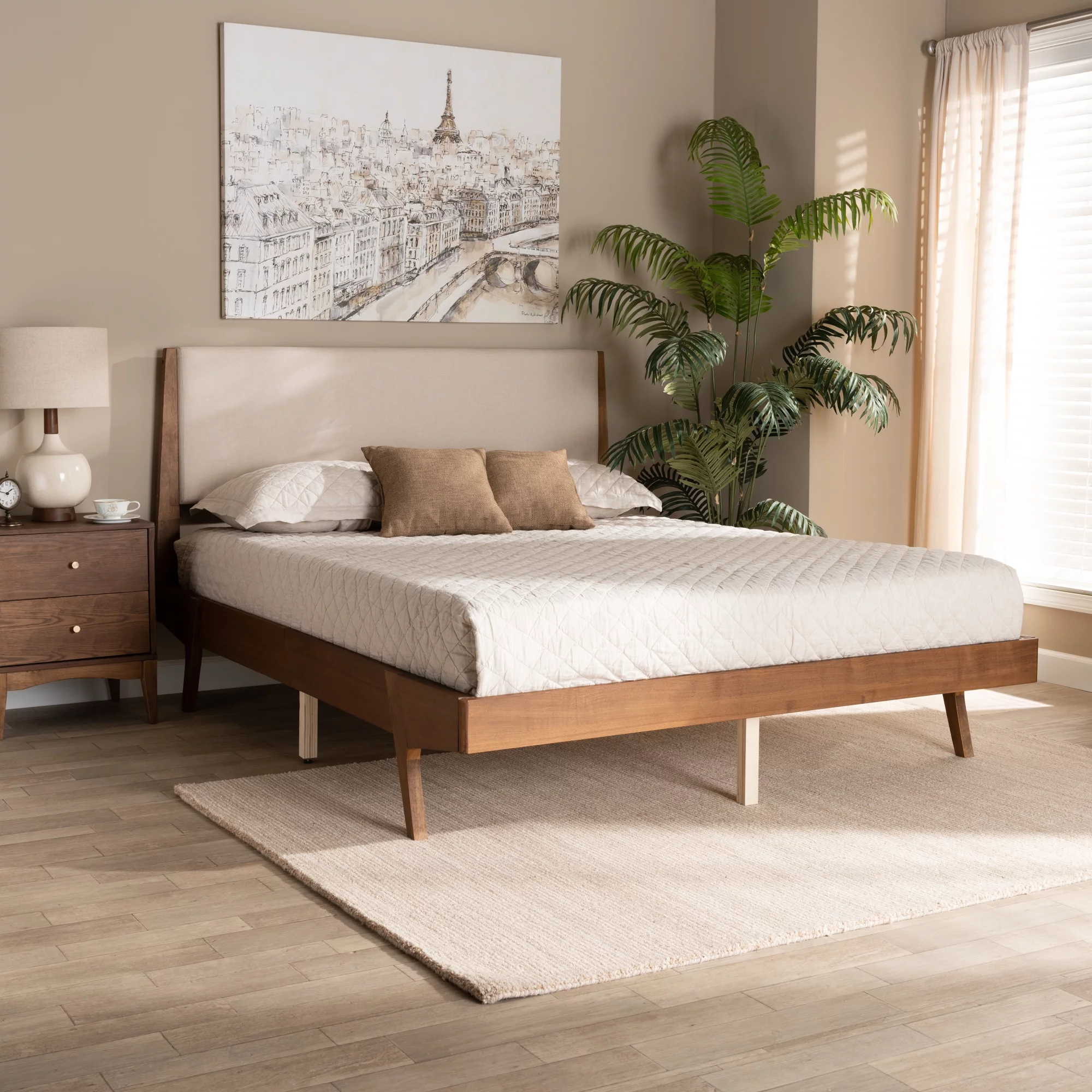 Baxton Studio Sennae Mid-Century Modern Beige Fabric Upholstered and Walnut Brown Finished Wood King Size Platform Bed