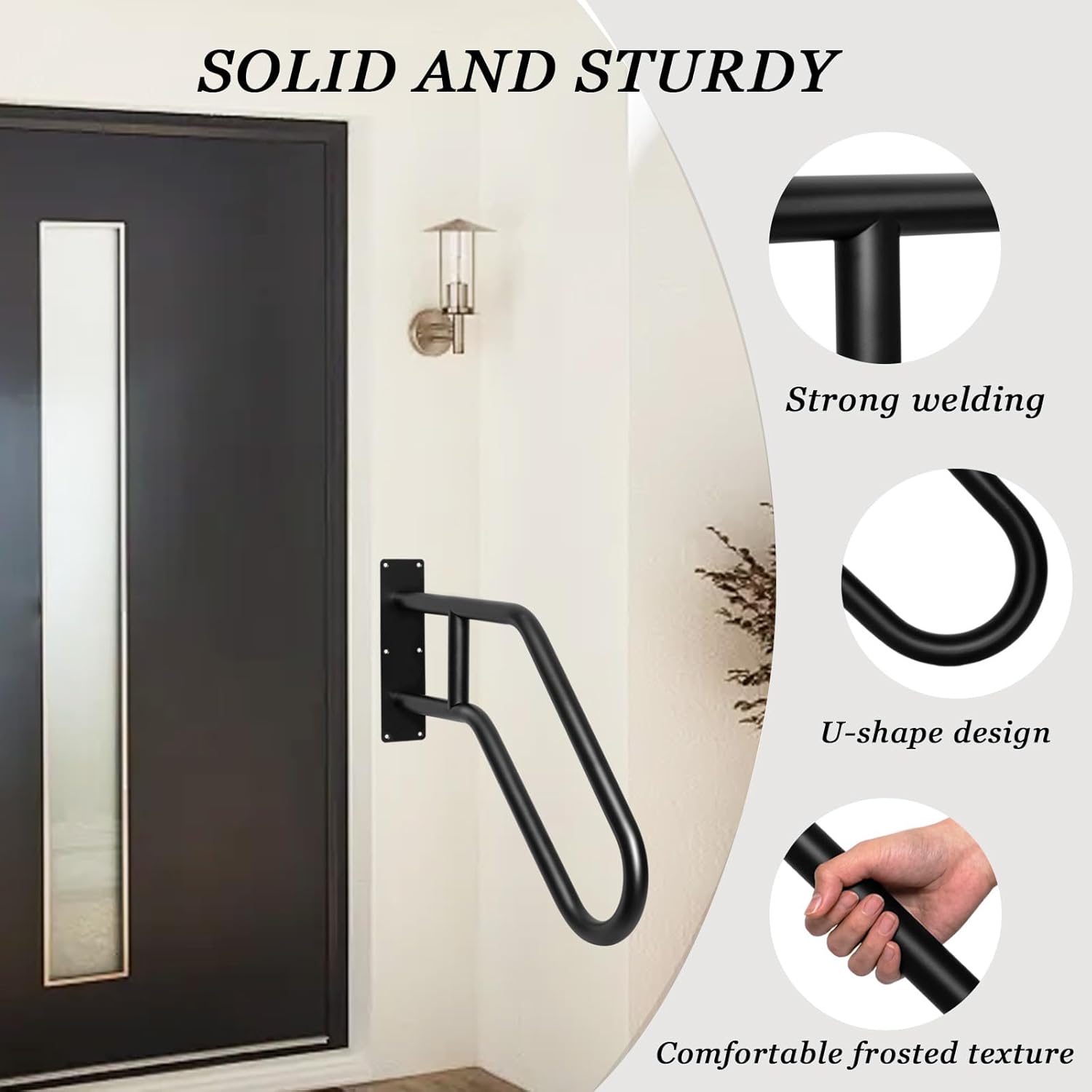 Hand Rails for Outdoor Steps, Stair Railing Wall Mount Handrail for 1-3 Exterior Steps, Stainless Steel Handrails, U-Shape Safety Hand Rail for Elderly for Garage/Porch/Garden (Black)