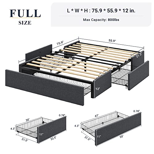 Allewie Queen Size Platform Bed Frame with 3 Storage Drawers, Fabric Upholstered, Wooden Slats Support, No Box Spring Needed, Noise Free, Easy Assembly, Dark Grey