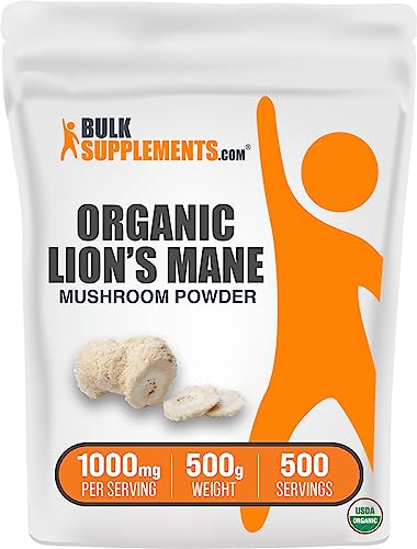 BulkSupplements.com Organic Lions Mane Mushroom Powder - Lions Mane Supplement Powder, Lion's Mane Powder - Organic & Gluten Free, 1000mg per Serving, 500g (1.1 lbs) (Pack of 1)