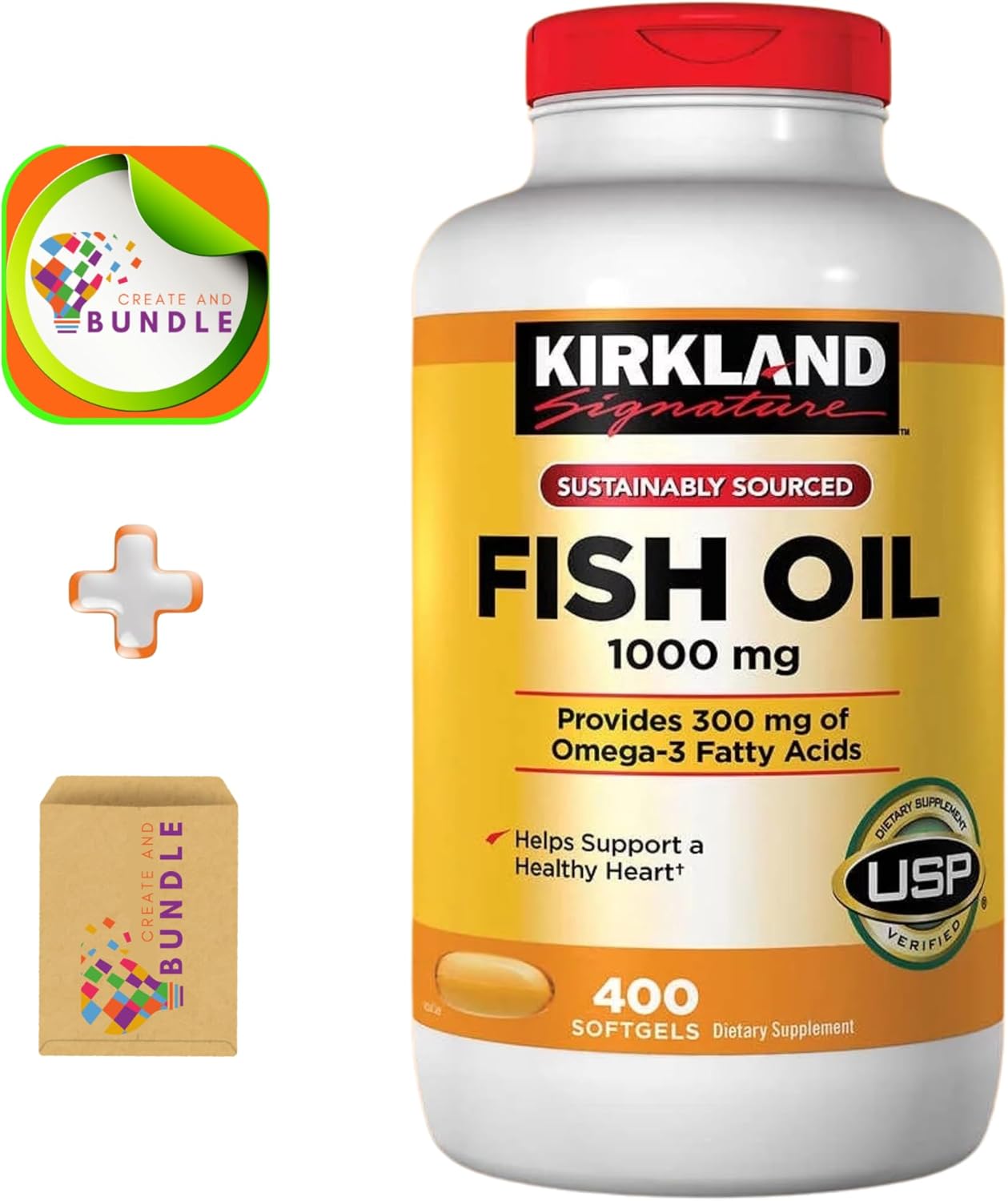 Kirk-land Fish Oil 1000mg 400 Softgels for Women and Men, Provides 300 mg Omega 3 Fatty Acids + Createandbundle Sticker