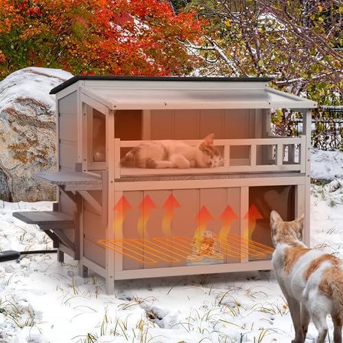 Outdoor Cat House, 2-Tier Warm Wood Cat Shelter with Sunlight Roof, Balcony, Jumping Platforms, Kitty Pet Porch Enclosure, Weatherproof, Openable, Gray