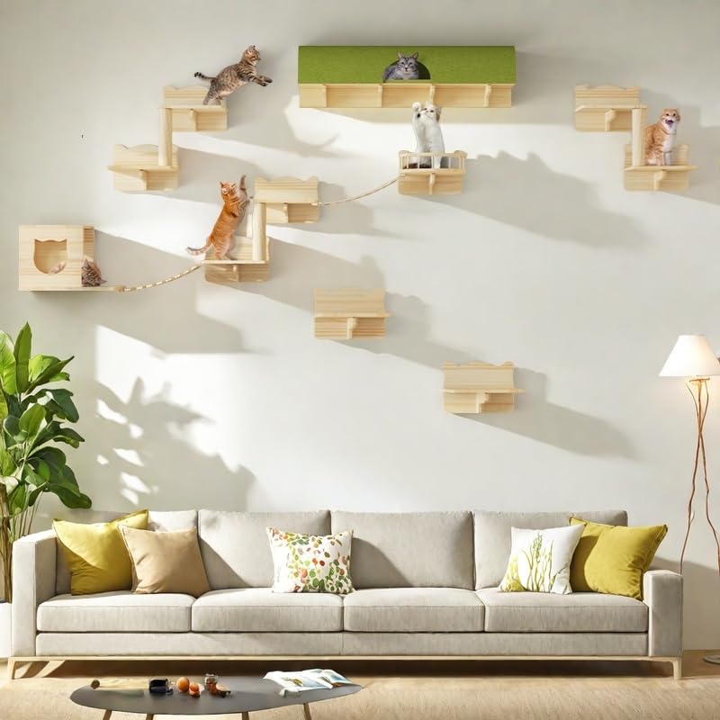 Cat Wall Shelves and Perches, Solid Wood Wall Mounted Cat Furniture, Set of 13 Cat Climbing Shelves with Moon Hammock, House, Wall Ladder, Scratching Post and Cat Tunnel