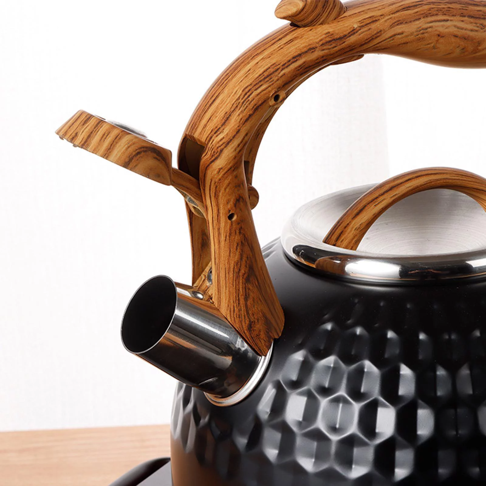 2500ml Black Stainless Steel Tea Pot Whistling Kettle with Wooden Pattern Handle