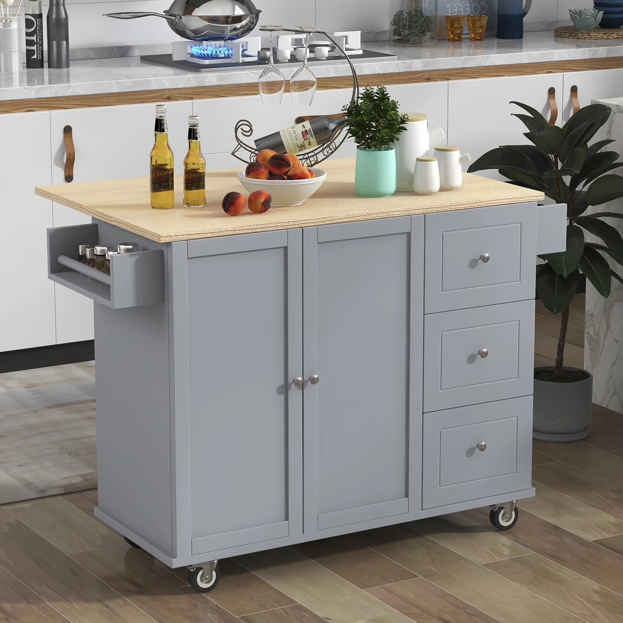 ikayaa Rolling Mobile Kitchen Island with Solid Wood and Locking Wheels，52.7 Inch Width，Storage Cabinet and Drop Breakfast Bar，Spice Rack, Towel Rack & Drawer （Dusty Blue）