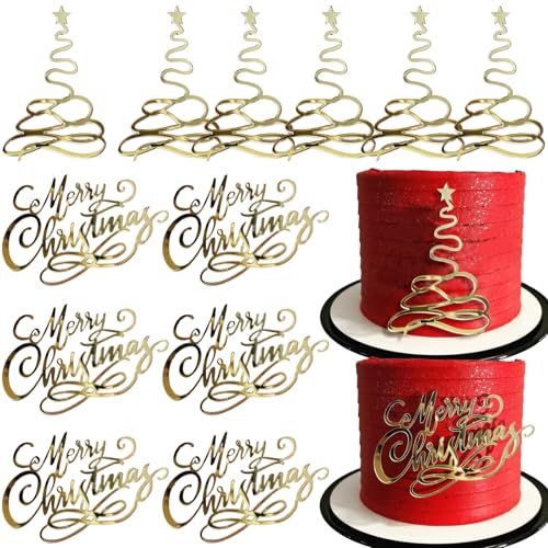 12 Pcs Merry Christmas Cake Toppers Acrylic Gold Mirror Xmas Tree Cupcake Topper Engraved Cake Decorations Dessert Discs for Christmas Birthday Party DIY Decor Supplies