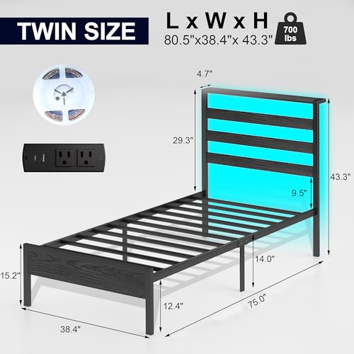Twin Bed Frame with LED Lights & Charging Station, Storage Headboard, Heavy Duty Metal Slats, No Box Spring Needed, Noise-Free, Easy Assembly, Black
