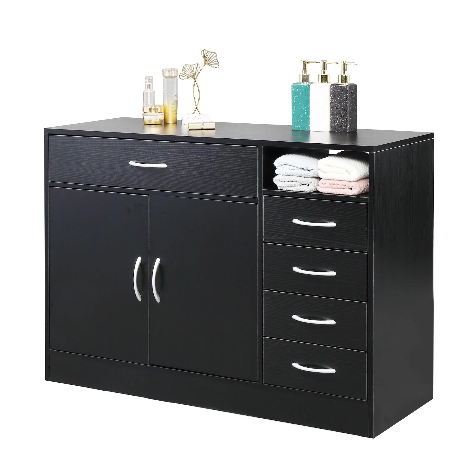 Zimtown Black 5-Drawer Chest Dresser Storage Cabinet, Barber Salon Station Cabinet, Kitchen Sideboard Buffet Cupboard Cabinet for Entryway Bathroom Beauty Spa Makeup Organizer