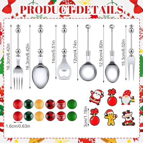 Gisafai 12 Sets Christmas Beadable Spoon Fork Set Beadable Items Christmas Kitchen Utensils Xmas Cutlery Bead Dessert Spoon for Xmas Party Favor Supplies