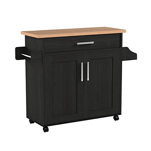 Hodedah Rolling Wood Kitchen Island Cart with Spice Rack, Towel Rack, Utensil Drawer plus Cabinet, White with Beech Top