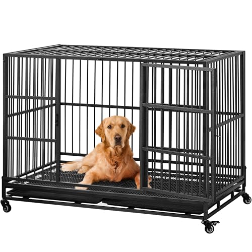 Yaheetech 48'' Dog Crate Extra Large Pet Crate XXL Indestructible Dog Crate W/2 Doors/Lockable Wheels/Removeable Trays for Indoor/Outdoor