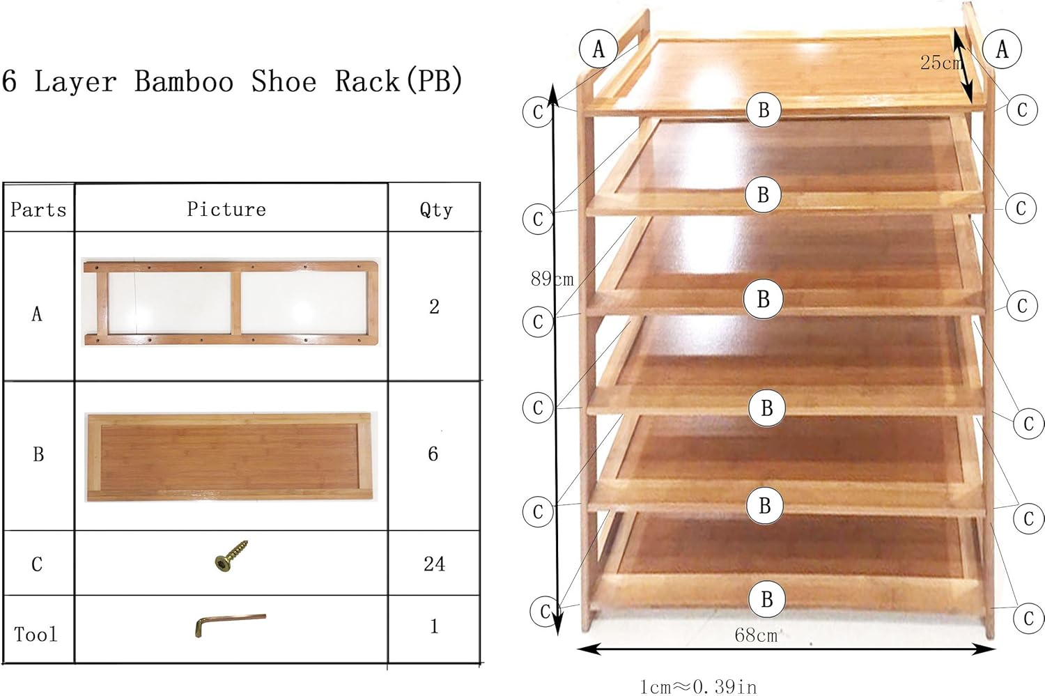 9zH&K 6 Tier Multifunctional Bamboo Rack, Wood Bamboo Free Standing Shoe Racks Shelf Entryway Storage Rack Home Furniture Organizer for Entryway, Hallway and Closet, 26.77