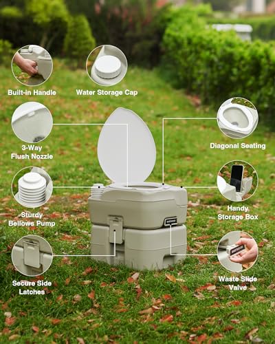 DARTMOOR Portable Toilet, 5.3 gal. RV Toilet for Camping, Outdoor Toilet with Diagonal Seating Storage Box & Built-in Handle, Lightweight HDPE Camping Toilet for Construction Site Road Trip Boating