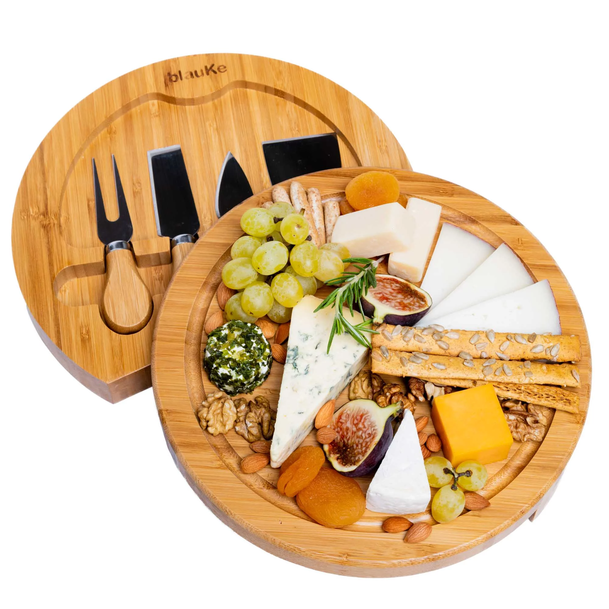 BlauKe® Bamboo Cheese Board and Knife Set – 10 inch Round Charcuterie Board, Serving Tray, Platter, Wood Cheese Board Set – Gift Idea