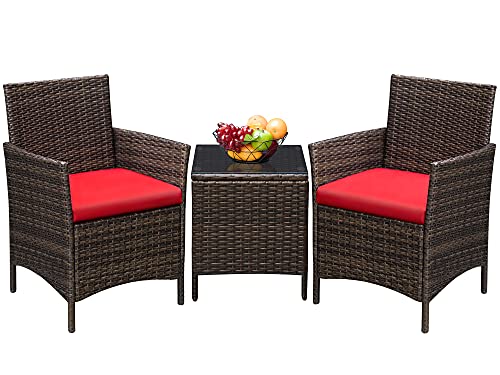 Greesum 3 Pieces Patio Furniture Sets Outdoor PE Rattan Wicker Chairs with Soft Cushion and Glass Coffee Table for Garden Backyard Porch Poolside, Brown and Beige