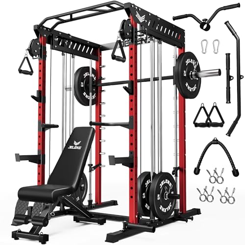 M21 Smith Machine, Multi-Function Power Cage with Dual Pulley Cable Crossover System, 2000LBS All-in-One Squat Rack with Smith Bar and Attachments
