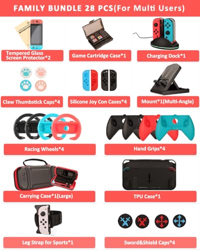 Switch Accessories - Family Bundle Accessories for Nintendo Switch, Carry Case& Screen Protector,4 Pack Joy Con Grips and Steering Wheels, Case Cover,Stand Mount,Joy Con Charger and More