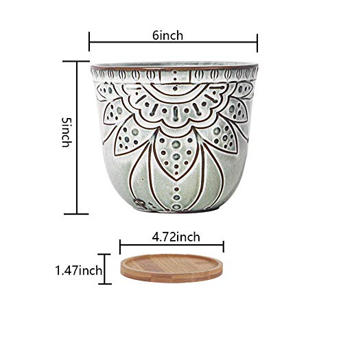 G EPGardening Brown Retro Large Planter Pot Succulent Planter Round Ceramic Planter Flower Pot Indoor Plant Bowl Container with Bamboo Tray Drainage Hole Plastic Mesh Set of 2