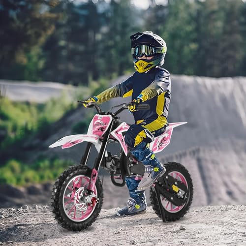 Kids dirt bike - 49cc Dirt Bikes Gas Mini Bike Kids Motorcycle, Upgrade Pit Bike Mini Motorcycle for kids, Off Road Tires, Front Rear Disc Brakes, Pull Start, Pocket Bike Gift for Child Teens, Pink