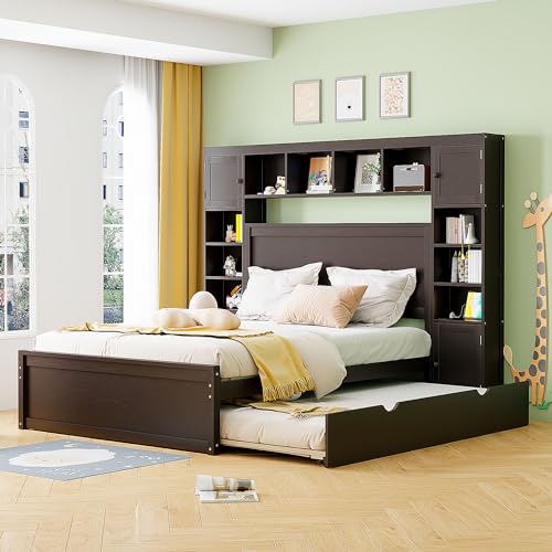Harper & Bright Designs Full Size Platform Bed with Bookcase Headboard and Storage Drawers, Solid Wood Bed Frame with Cabinet and Bookshelf,for Kids Teens Adults, No Box Spring Needed - White