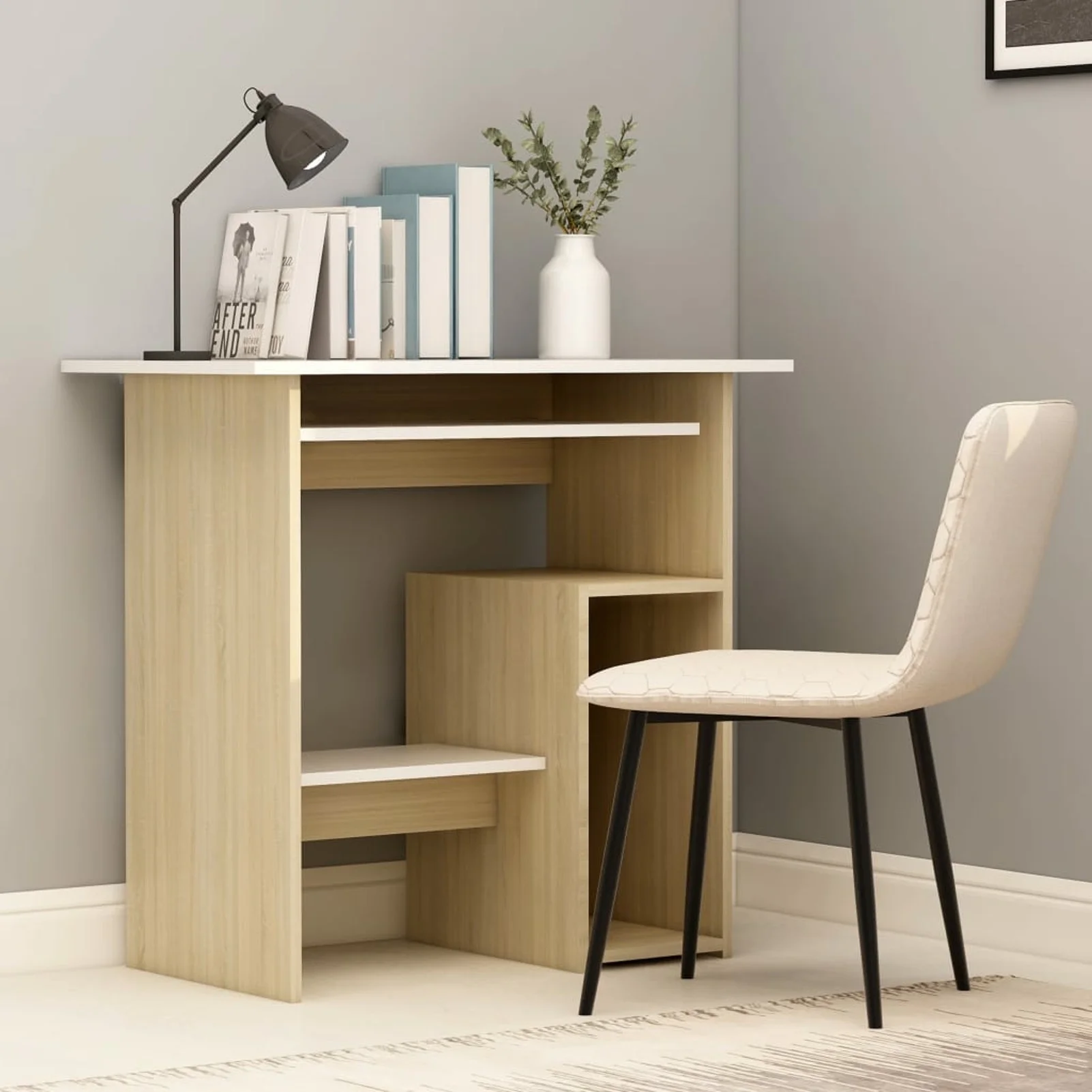 Anself Computer Desk with Keyboard Tray and Storage Shelves Engineered Wood Writing Desk Multifuctional Gaming Table White and Sonoma Oak Home Office Furniture 31.5 x 17.7 x 29.1 Inches (L x W x H)