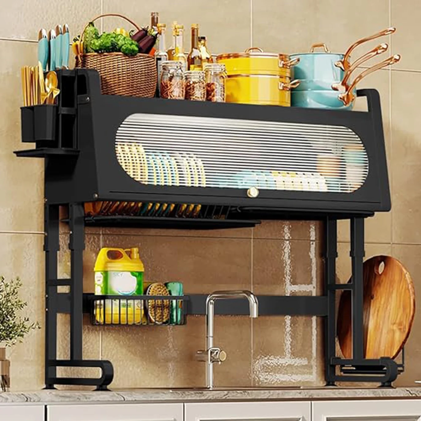 Dish Drying Rack Over The Sink,Adjustable Dish Rack over Sink, 3 Tier Large Capacity Dish Rack with Utensil Holder, Large Dish Rack Over Sink for Kitchen Space-Saving Black