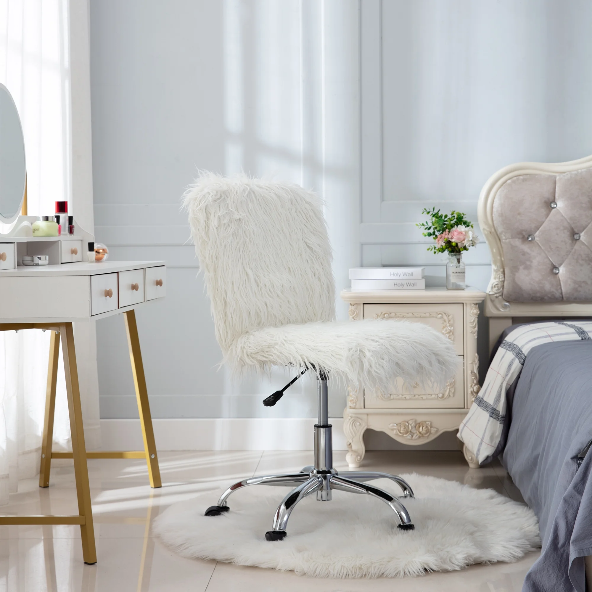 Mefine Vanity Armless Office Chair, Makeup Vanity Fluffy Chair,White