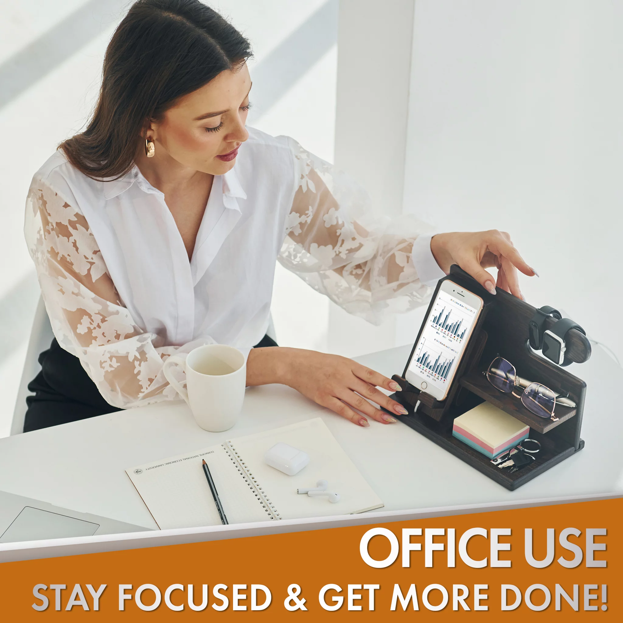 Wood Phone Docking Station Ash Key Holder Wallet Stand Watch Organizer Men Gift Husband Wife Anniversary Dad Birthday Nightstand Purse Father Graduation Male Travel Idea Gadgets (Black)