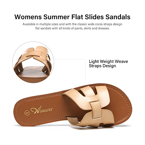 Athlefit Women's Flat Sandals Summer Casual Slip On Leather Slide Sandal