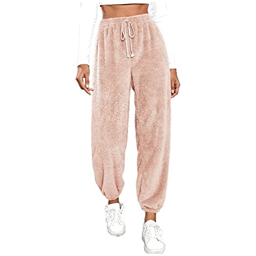 Cute Fleece Warm Pant for Women Solid Color Drawstring Sherpa Wide Leg Pant Cinch Bottom Plush Thickened Pants with Pockets