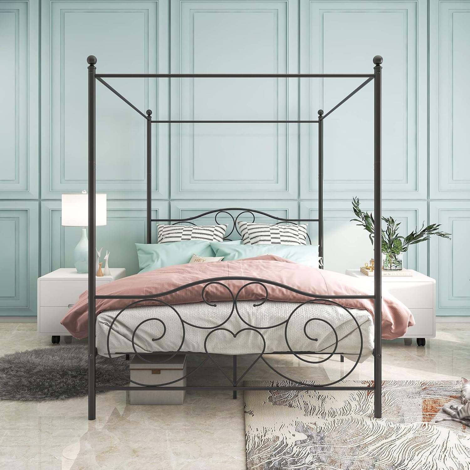 Bed Frame Elegant Metal Canopy Bed Frame with Vintage Style Headboard & Footboard - Easy DIY Assembly Included - Queen Black