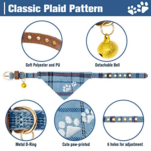 EXPAWLORER Dog Collar and Leash Set - Embroidery Pawprints Plaid Dog Collar and Dog Leash Set, Bow Tie and Bandana Dog Collar, Adorable Collar and Leash for Dogs Cats Outdoor Walking, Blue M