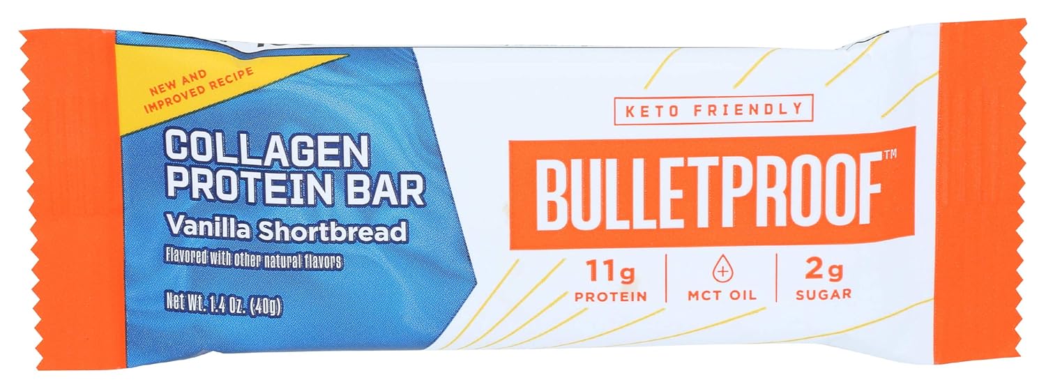 Collagen Protein Bars, Vanilla Shortbread, 11g Protein, Single Bar, Bulletproof Grass Fed Healthy Snacks, Made with MCT Oil, 2g Sugar, No Added Sugar, 1.4 Oz