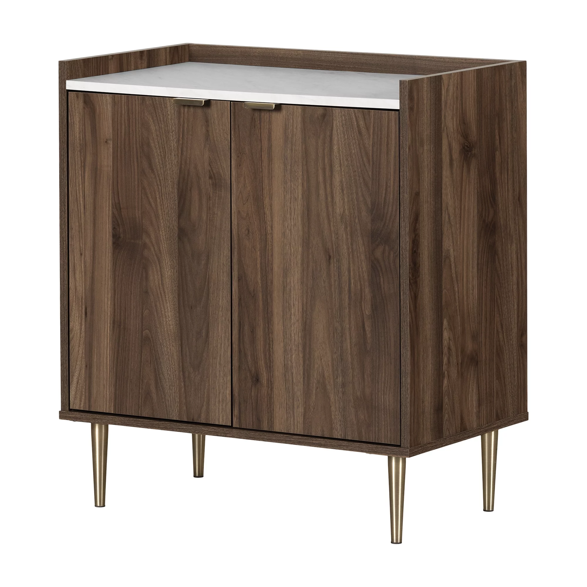 South Shore Maliza, Mid-century Glam Storage Cabinet, Natural Walnut and Faux Carrara Marble