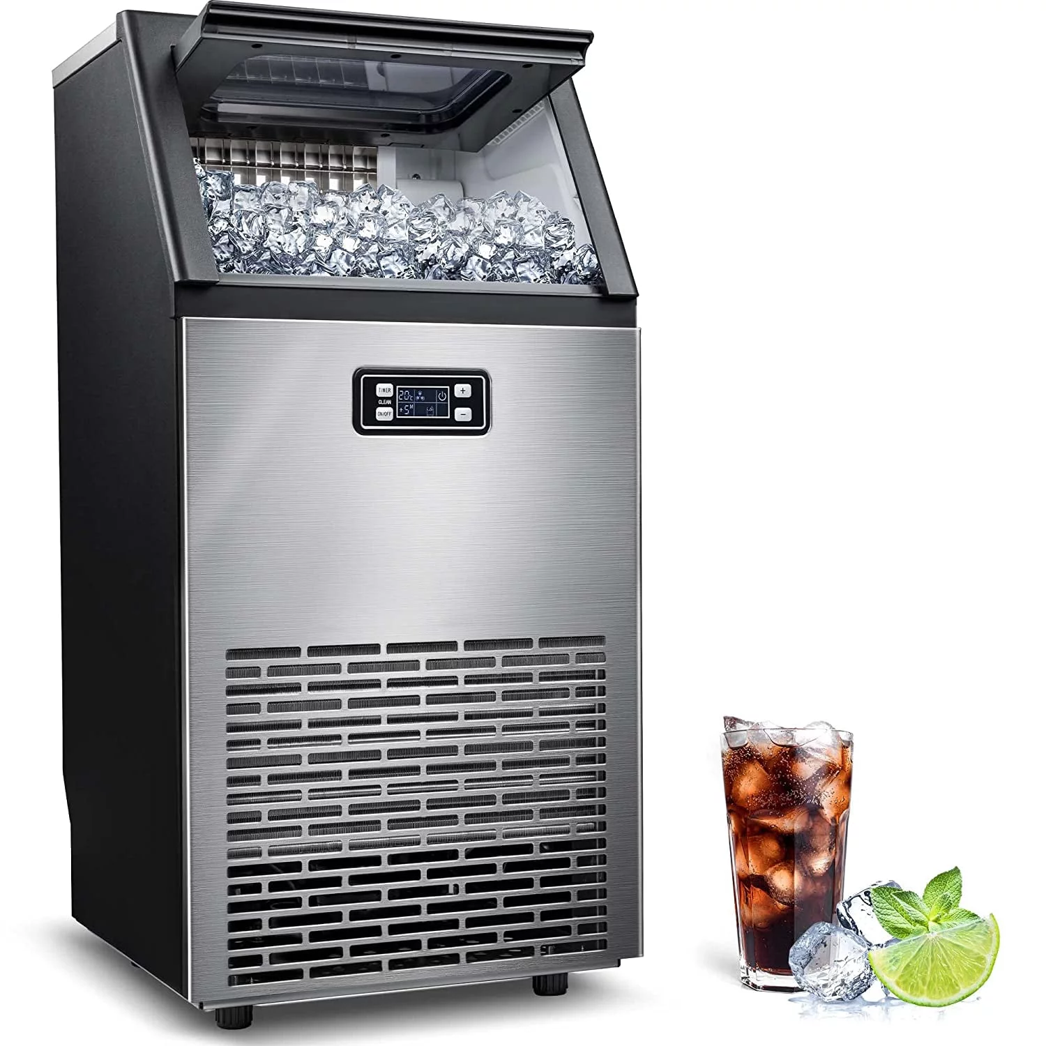 Auseo Commercial Ice Maker Machine, 100Lbs/Day, 45 Cubes/Batch in 11-20 Mins, Stainless Steel Freestanding Ice Maker with 2 Self-Cleaning,Water Inlet Modes for Home/Restaurant/Bar