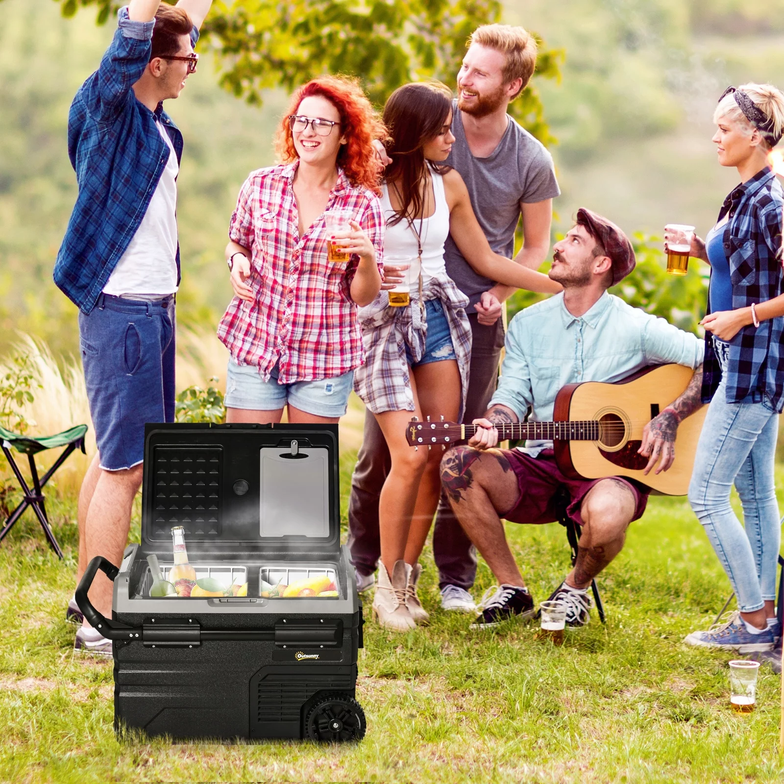 Outsunny 12 V Car Fridge, 2 Zone 37 Quart Portable Compressor Electric Cooler with Wheels, Pull-up Handle, Cutting Board, 12/24 V DC and 110 - 240 V AC for Outdoor, Driving, Travel