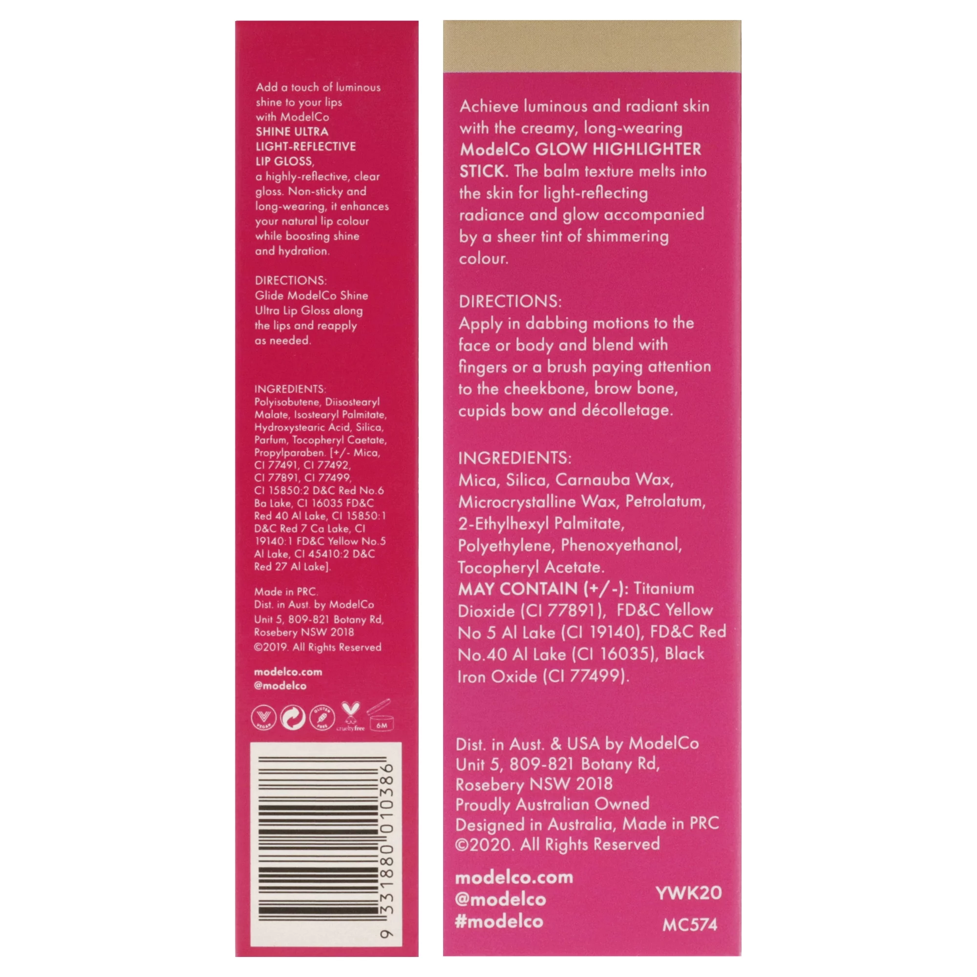 ModelCo Glow Highlighter Stick With Shine Ultra Lip Gloss Kit , 2 Pc Kit 0.158oz Highlighter Stick - Champagne, 0.17oz Lip Gloss - Transparent- Pack of 2